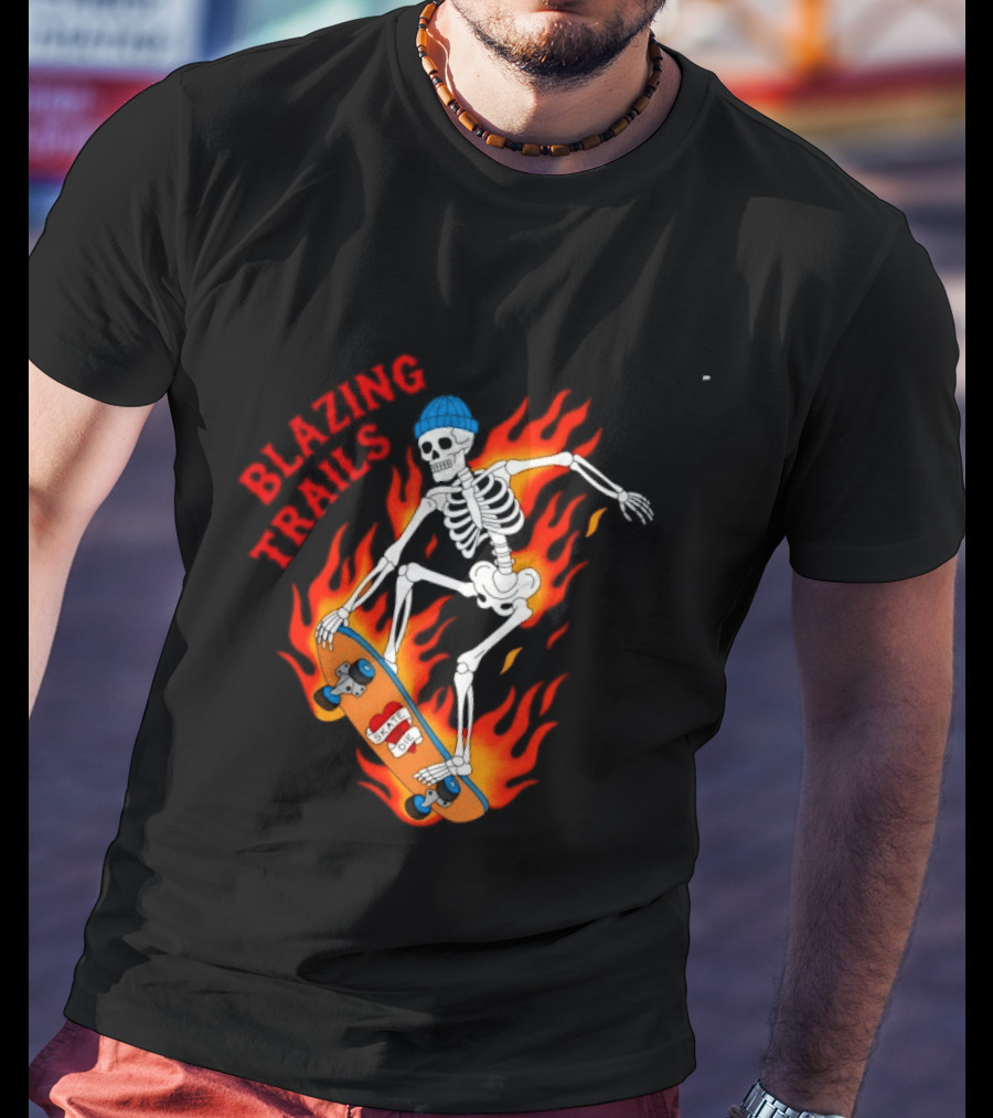 Blazing Trails Skate Or Die Skeleton Flaming Skateboard T-Shirt