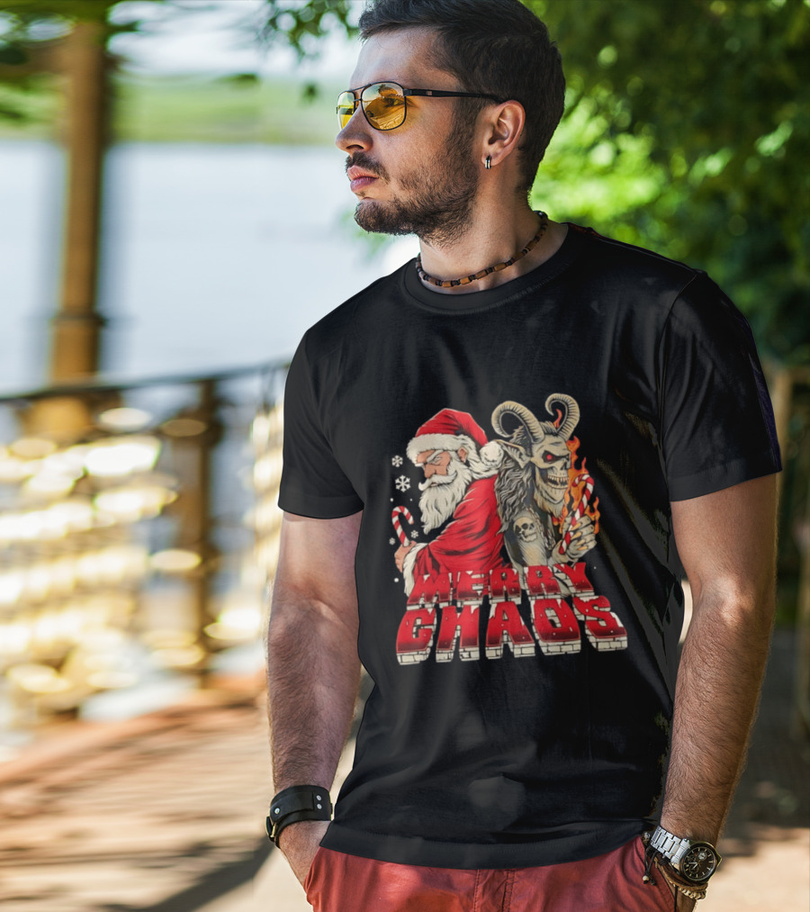 Merry Chaos Santa And Krampus Candy Cane Flames Christmas T-Shirt