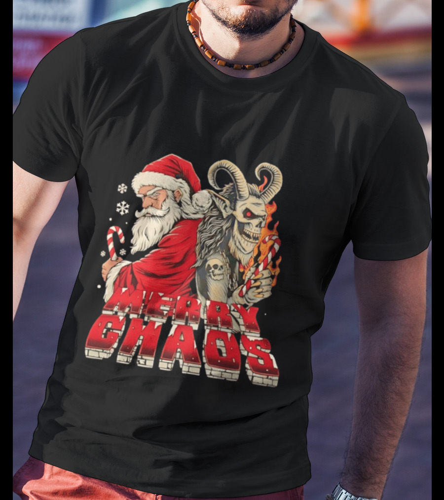 Merry Chaos Santa And Krampus Candy Cane Flames Christmas T-Shirt