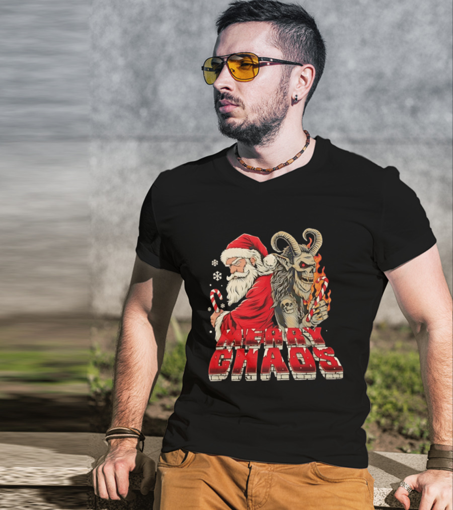 Merry Chaos Santa And Krampus Candy Cane Flames Christmas T-Shirt
