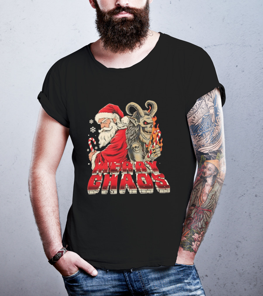 Merry Chaos Santa And Krampus Candy Cane Flames Christmas T-Shirt