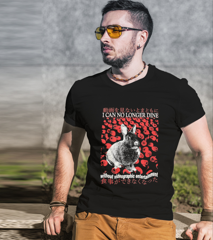 I Can No Longer Dine Without Videographic Entertainment Rabbit Surrounded By Red Roses T-Shirt