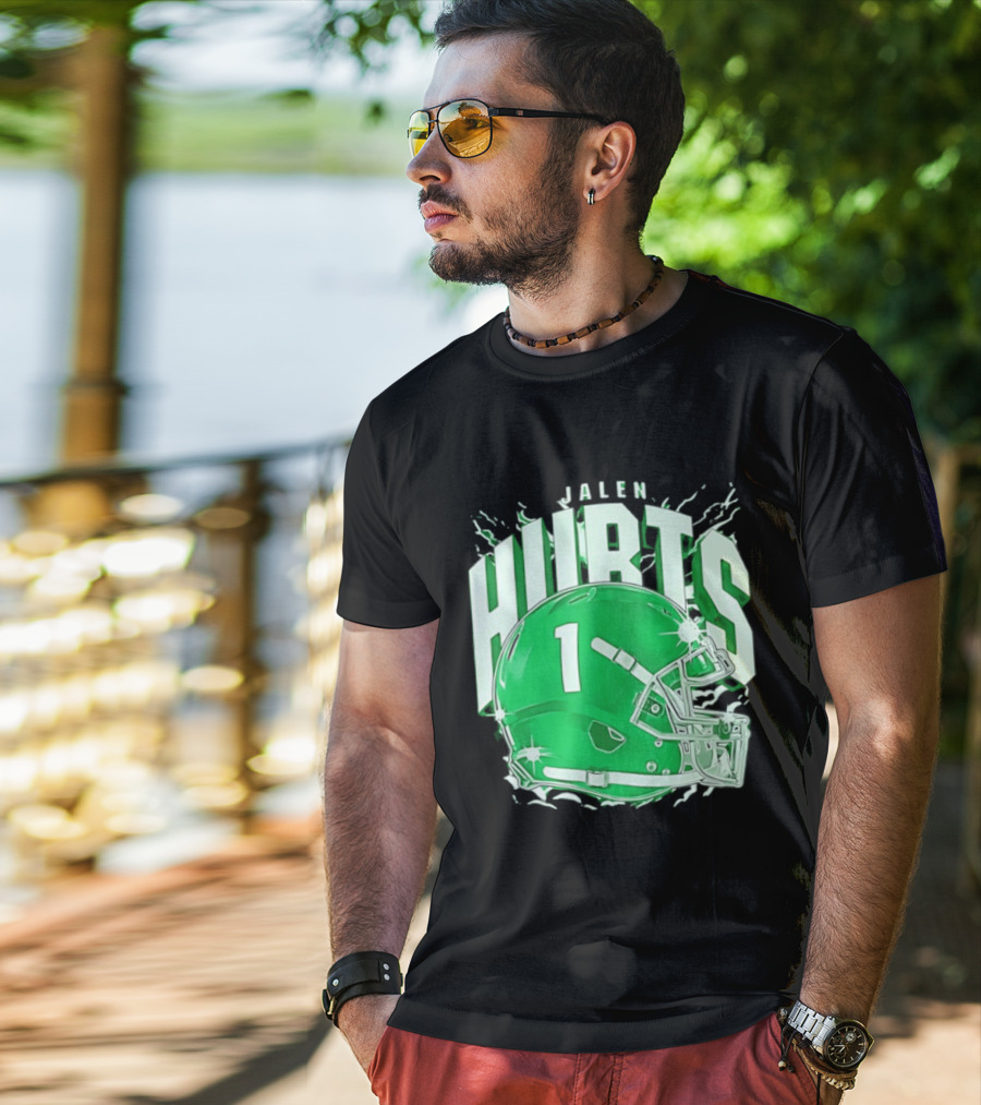 Jalen Hurts 1 Philadelphia Eagles Green Helmet Football T-Shirt
