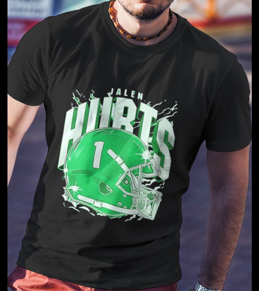 Jalen Hurts 1 Philadelphia Eagles Green Helmet Football T-Shirt