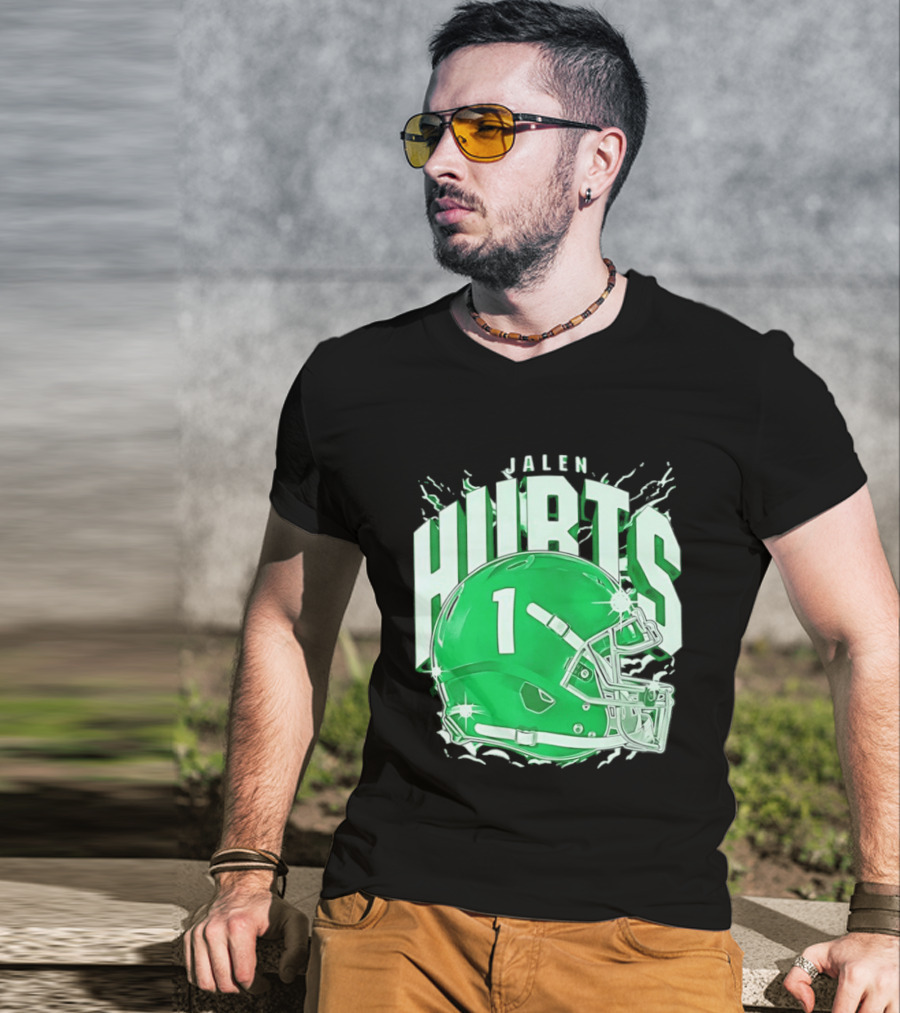 Jalen Hurts 1 Philadelphia Eagles Green Helmet Football T-Shirt