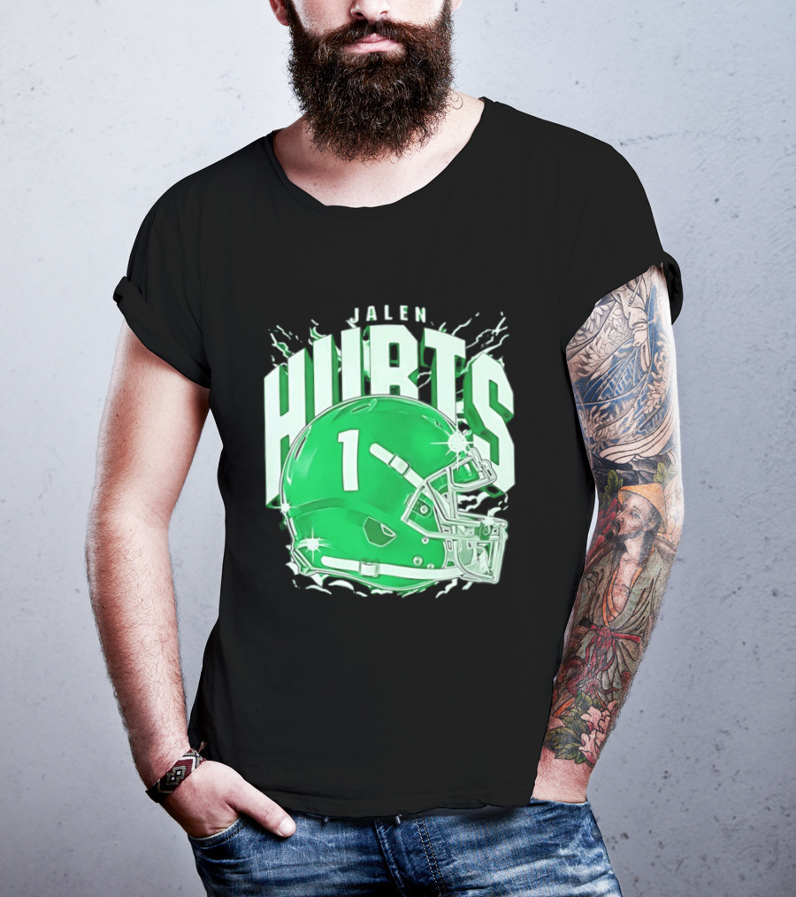 Jalen Hurts 1 Philadelphia Eagles Green Helmet Football T-Shirt