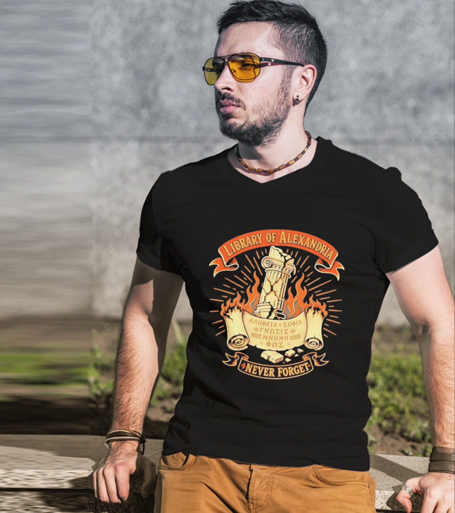 Library Of Alexandria Never Forget Alitheia Sophia Gnosis Ancient Knowledge Flame Pillar T-Shirt