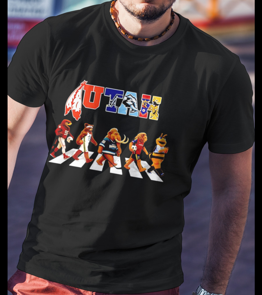 Utah Sports Mascots Walking Across Abbey Road Collage Real Salt Lake Jazz Utes Aggies T-Shirt