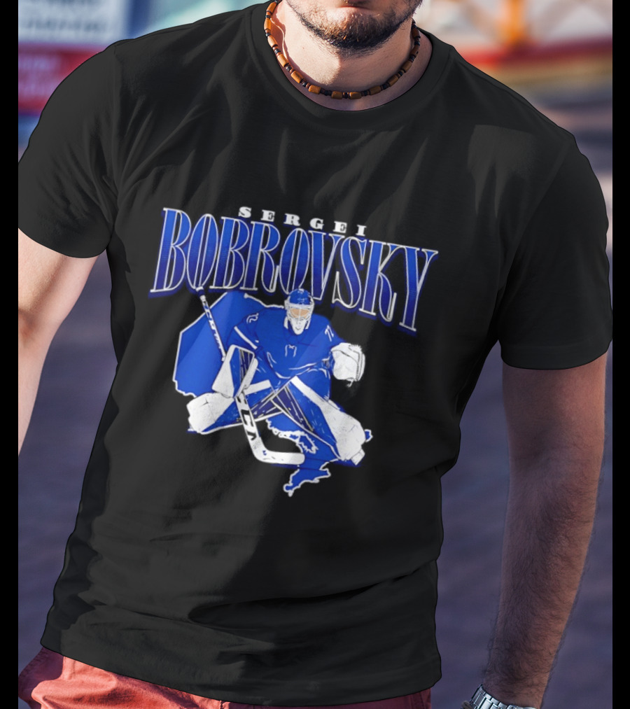 Sergei Bobrovsky Hockey Goalie Blue And White Skater T-Shirt