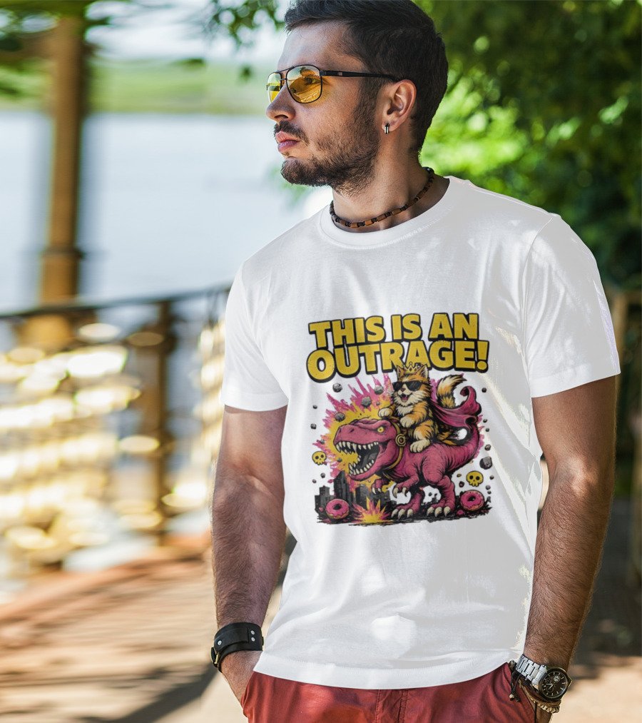 This Is An Outrage Cat King With Sunglasses Riding A Pink Rex With Explosions And Donuts T-Shirt