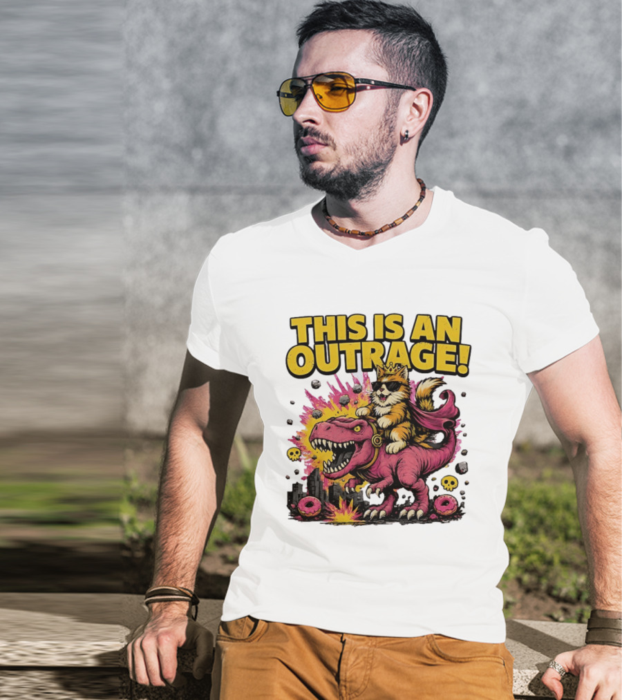 This Is An Outrage Cat King With Sunglasses Riding A Pink Rex With Explosions And Donuts T-Shirt