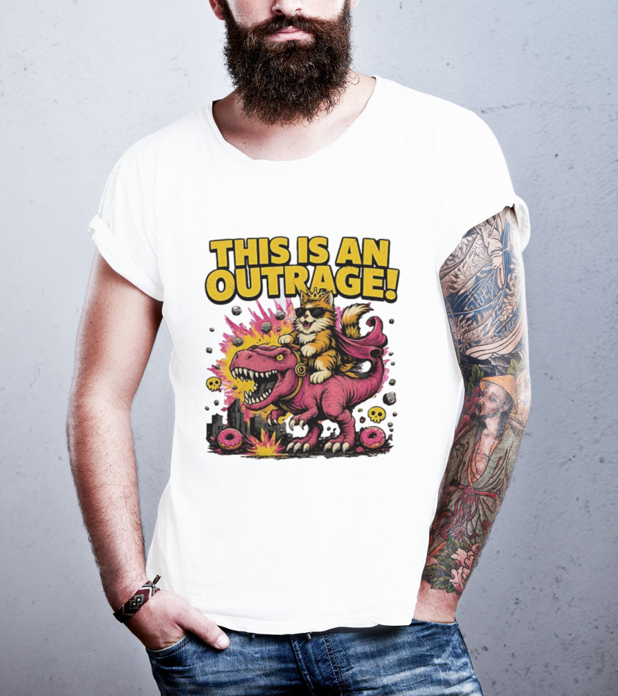 This Is An Outrage Cat King With Sunglasses Riding A Pink Rex With Explosions And Donuts T-Shirt