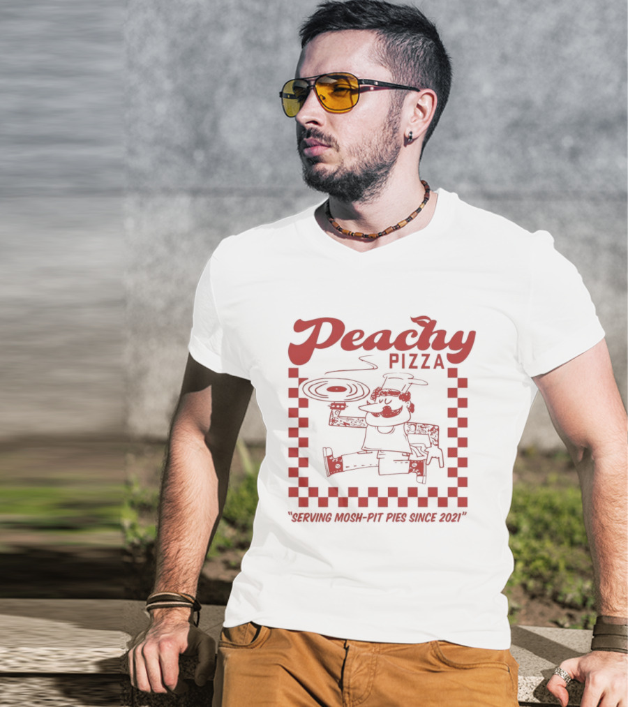 Peachy Pizza Serving Mosh Pit Pies Since 2021 Checkerboard Comic T-Shirt