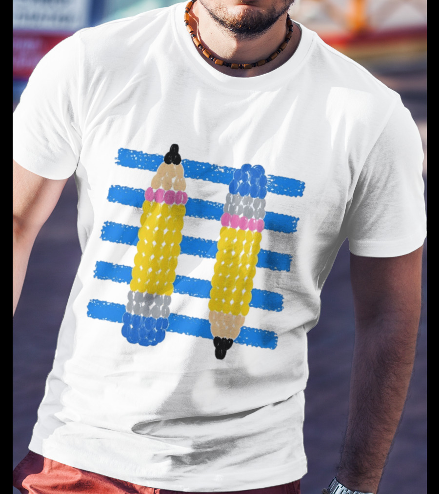 Beaded Pencils And Blue Stripes T-Shirt