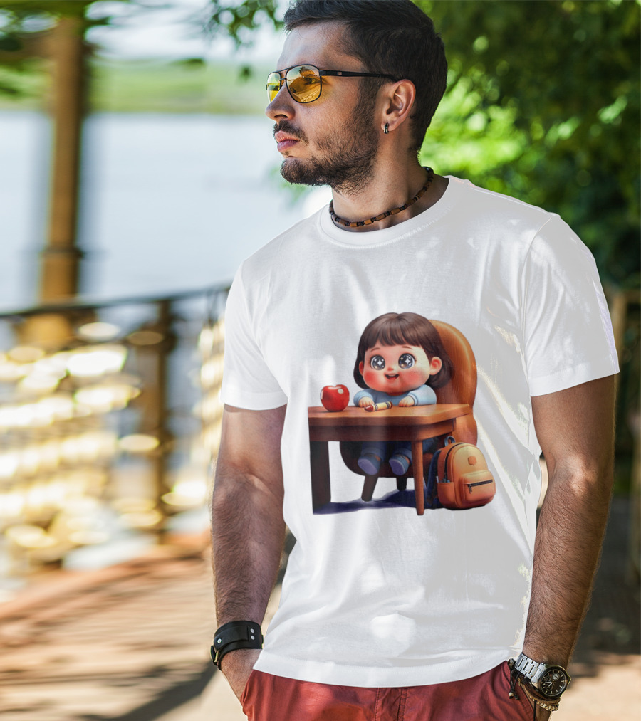 Cartoon Girl With Apple Backpack At Desk T-Shirt