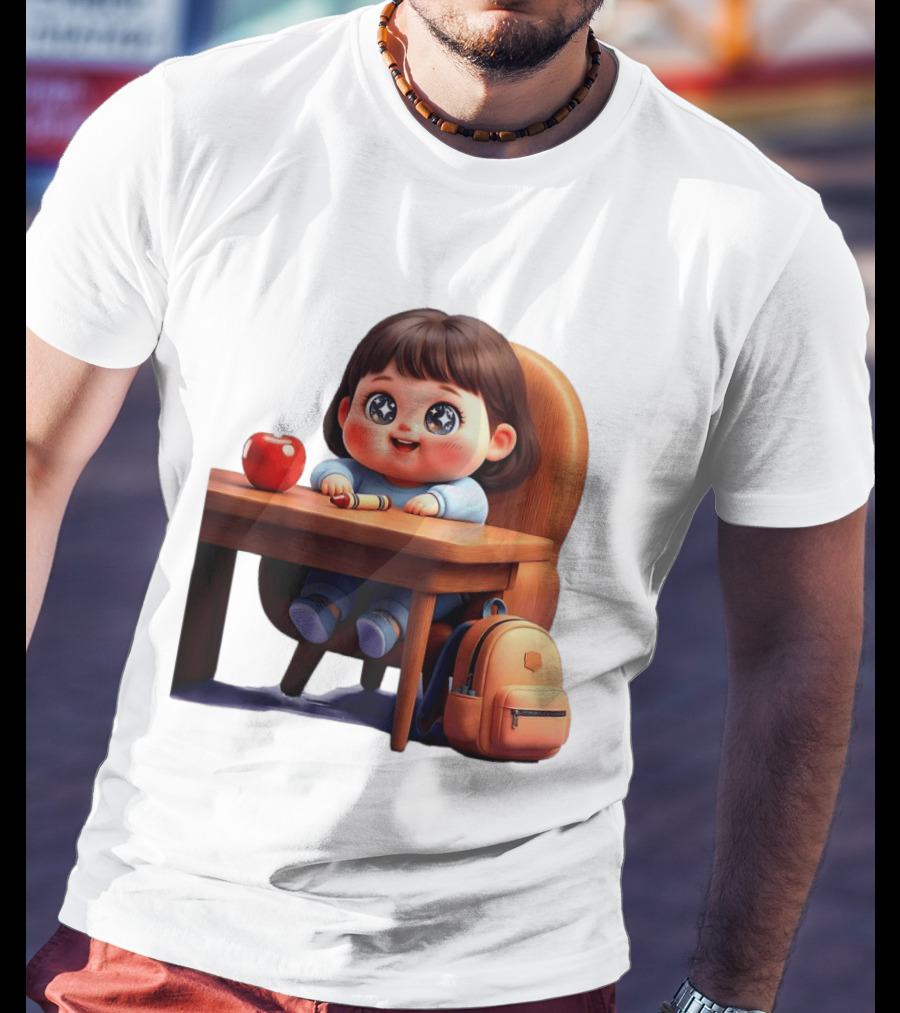 Cartoon Girl With Apple Backpack At Desk T-Shirt