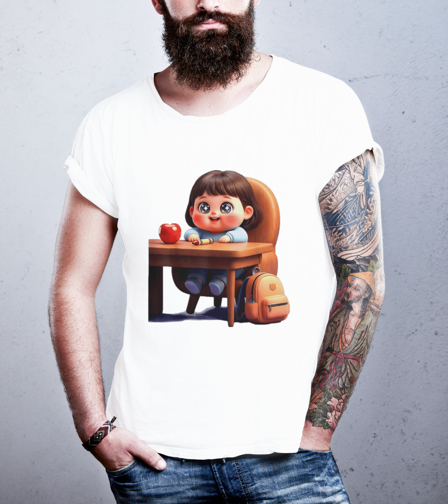 Cartoon Girl With Apple Backpack At Desk T-Shirt