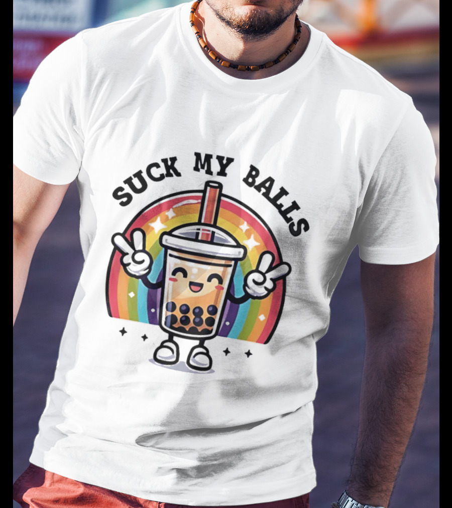 Suck My Balls Boba Tea Rainbow Peace Sign T-Shirt