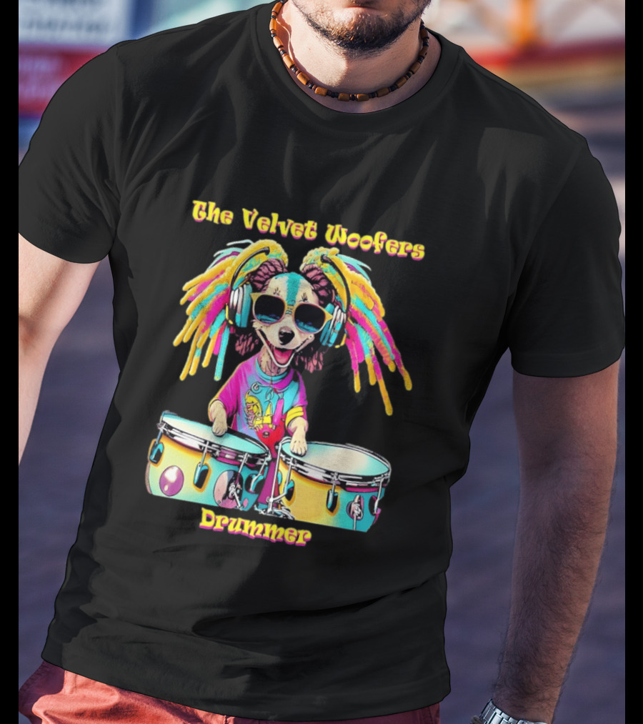 The Velvet Woofers Drummer Dog Colorful Cool Canine With Headphones And Drums T-Shirt