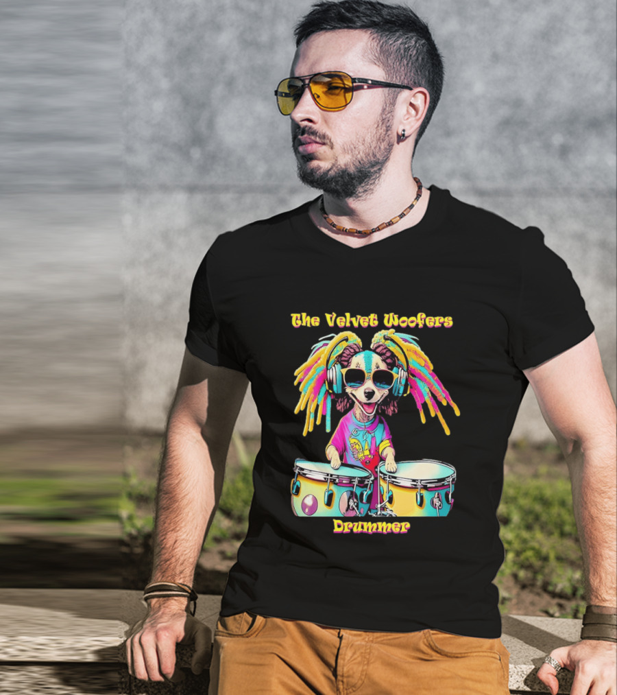 The Velvet Woofers Drummer Dog Colorful Cool Canine With Headphones And Drums T-Shirt