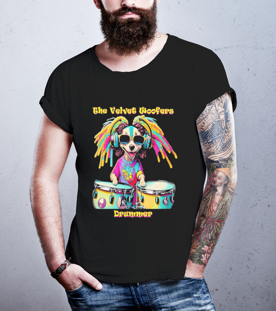 The Velvet Woofers Drummer Dog Colorful Cool Canine With Headphones And Drums T-Shirt