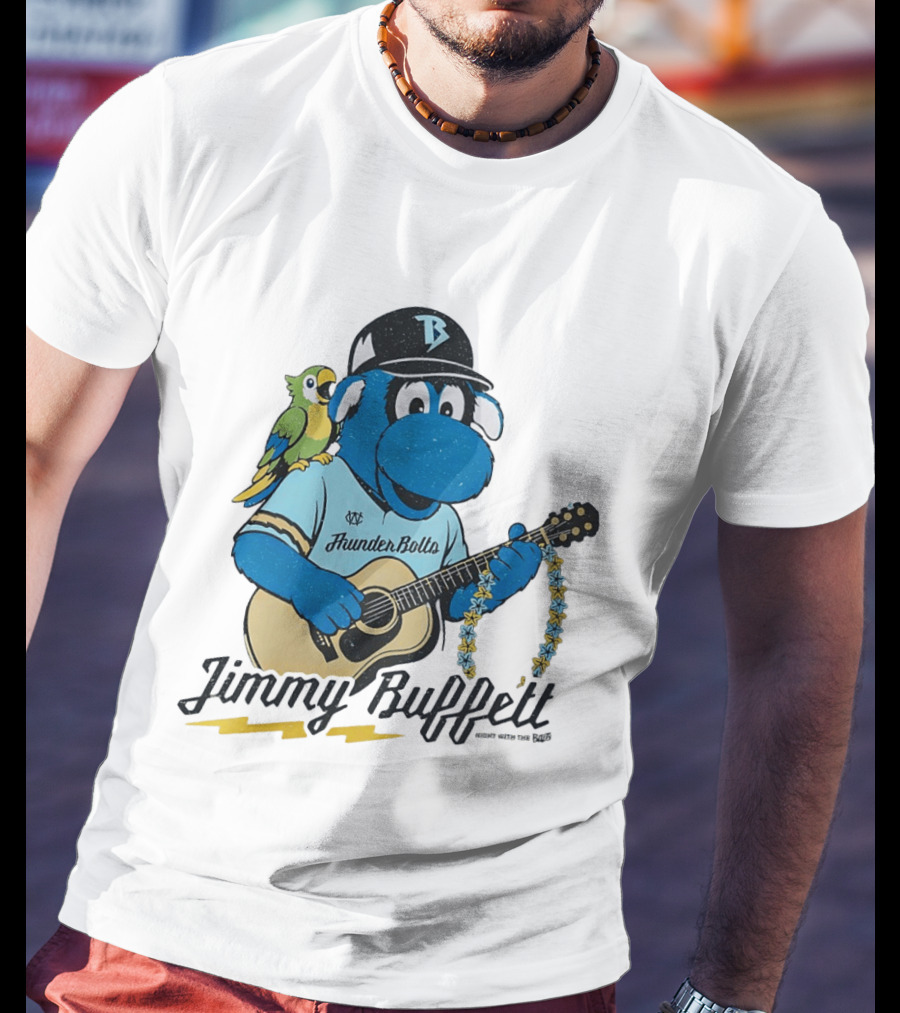Jimmy Buffett Thunder Bolts Parrot Baseball Mascot Playing Guitar T-Shirt