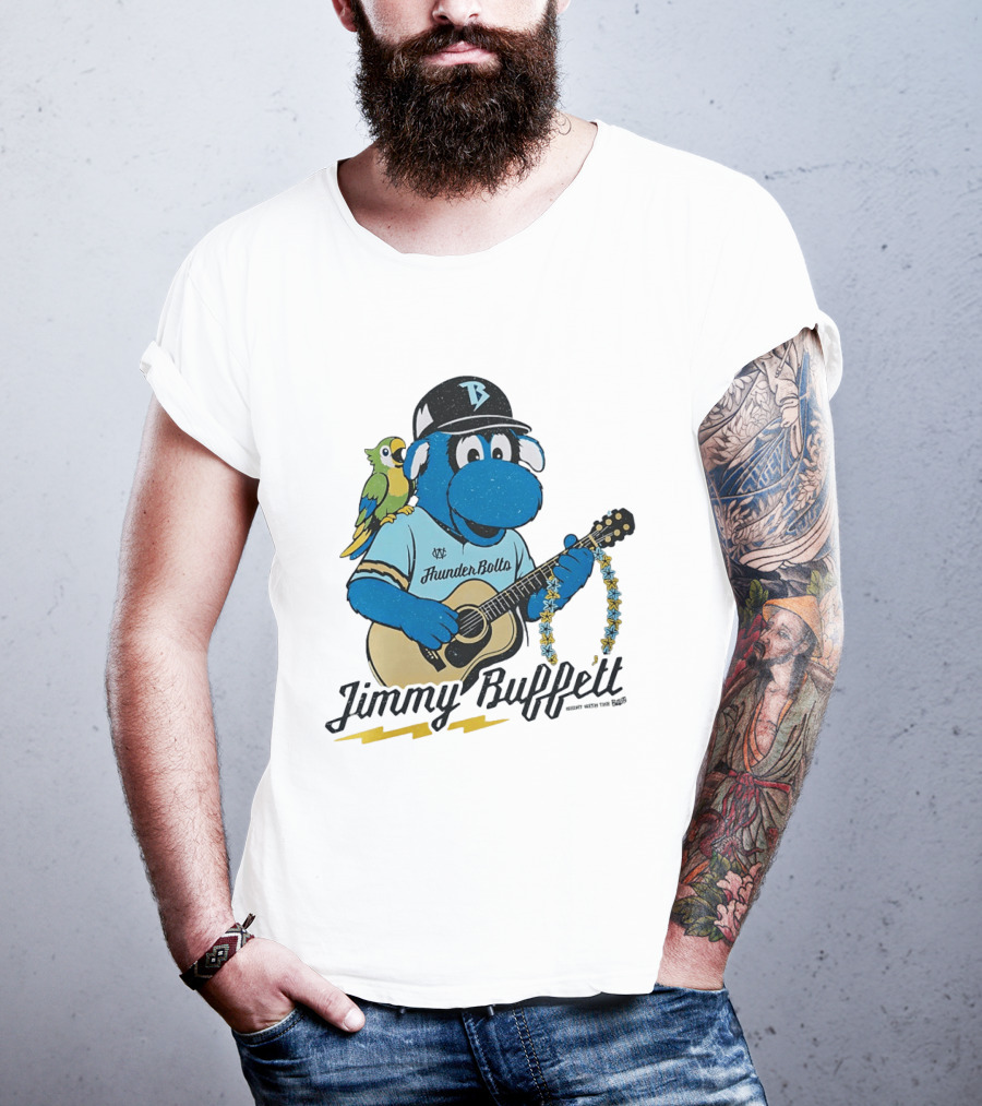 Jimmy Buffett Thunder Bolts Parrot Baseball Mascot Playing Guitar T-Shirt