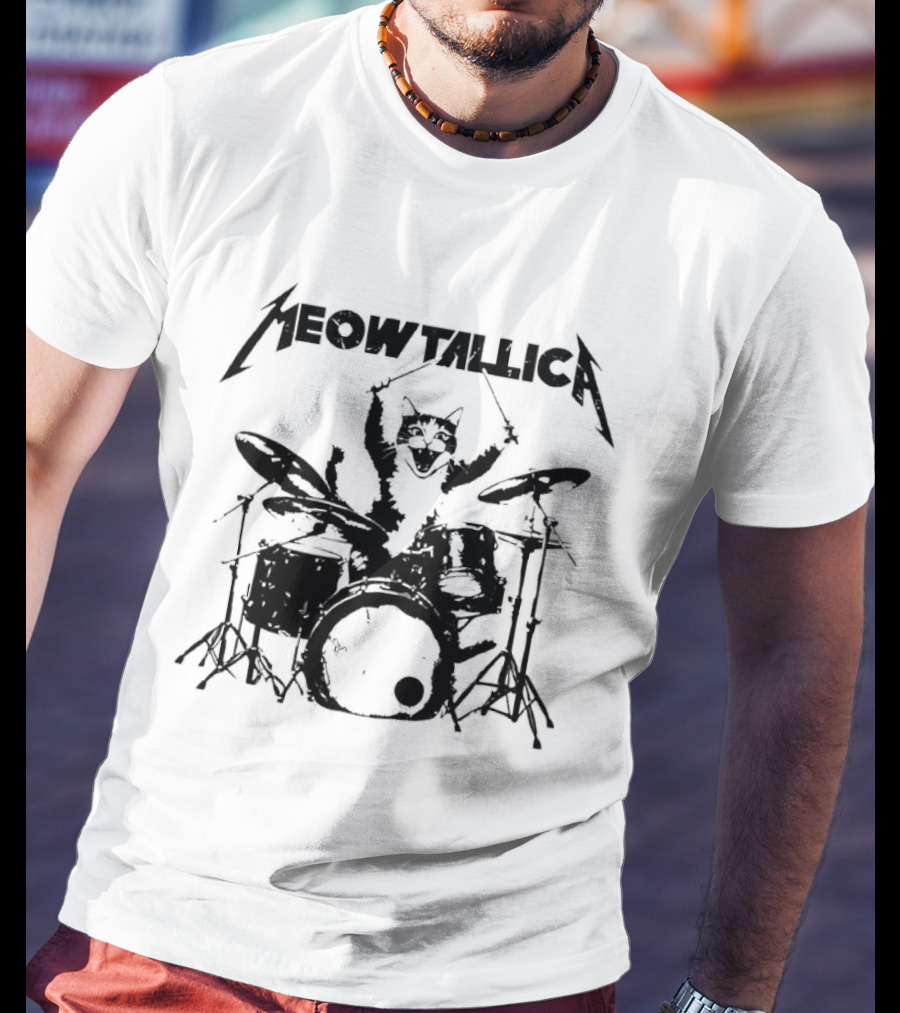 Meowtallica Cat Drummer Playing Drums Retro Metalhead T-Shirt
