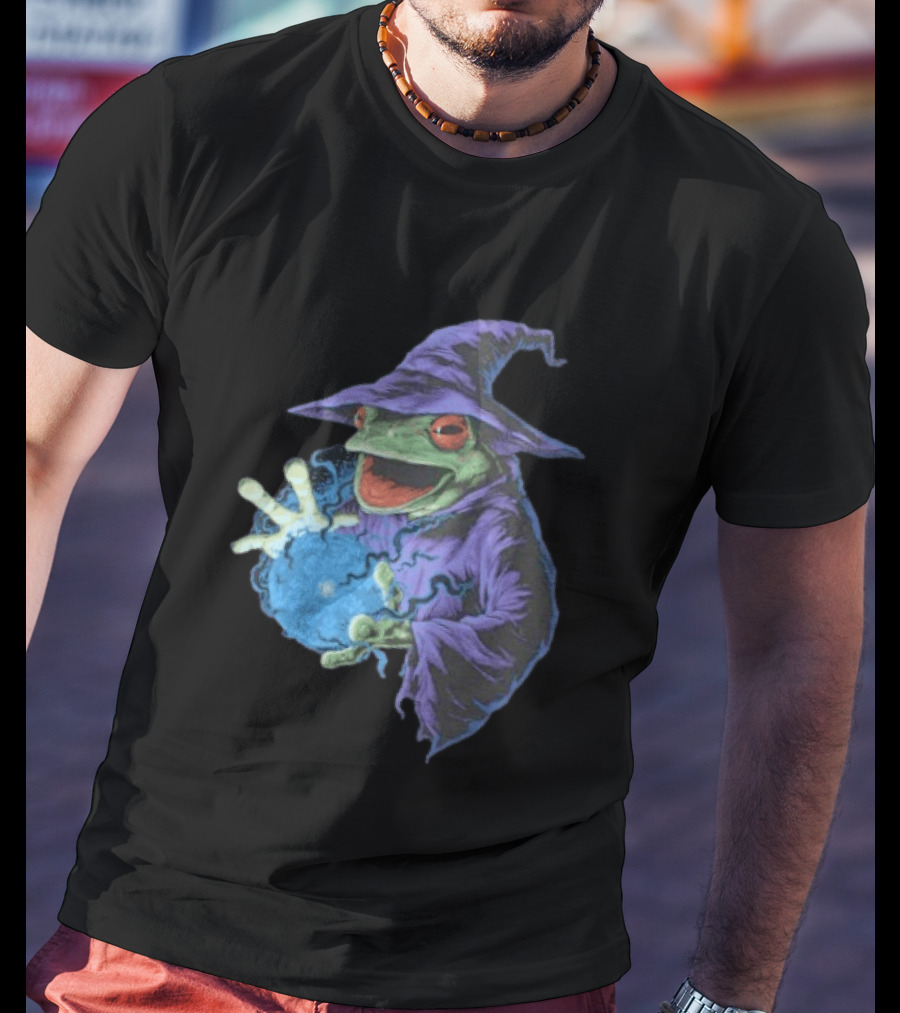 Wizard Frog In Purple Robe Casting Blue Magic Spell T-Shirt