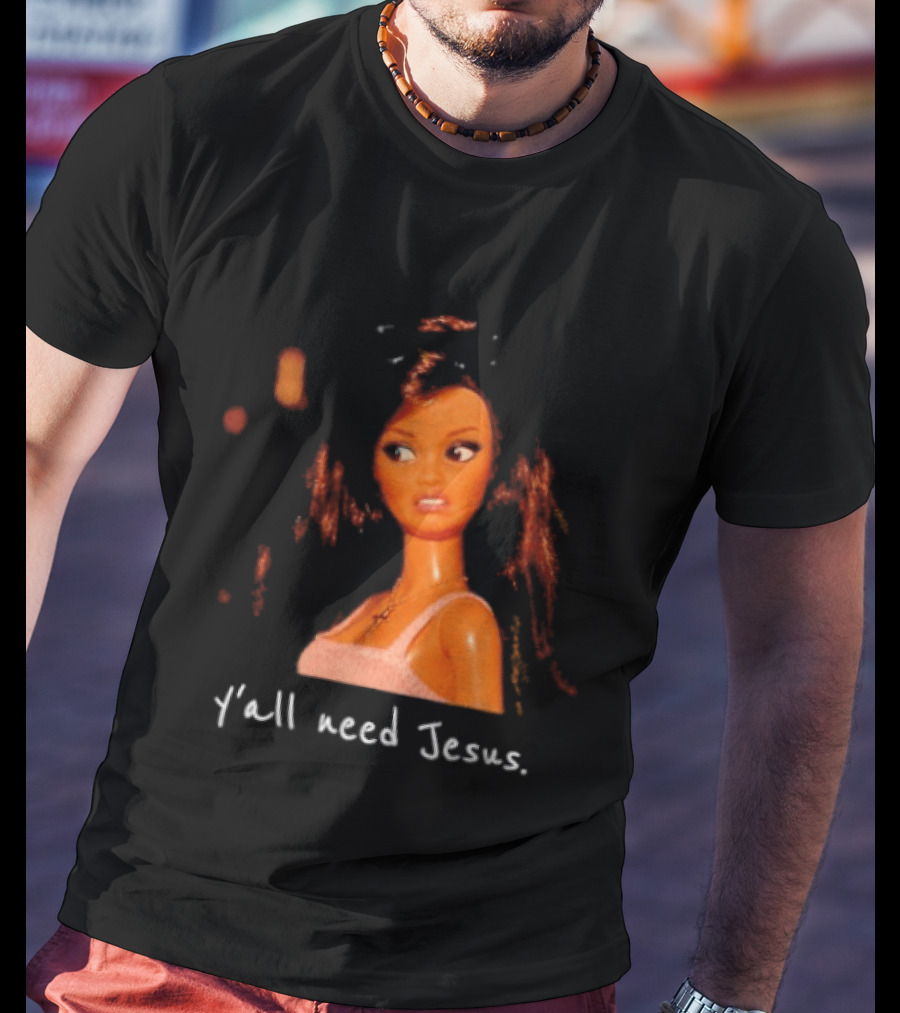 Y'all Need Jesus Doll Funny Meme Brown Hair Orange Dress T-Shirt