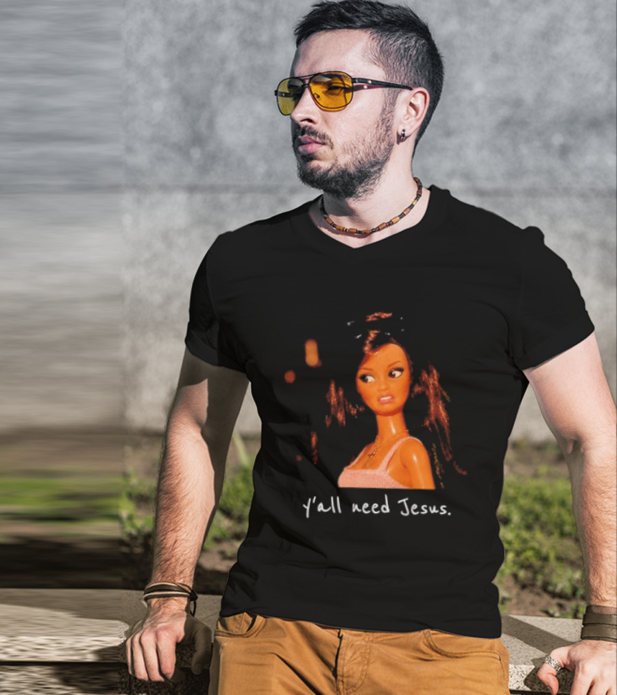 Y'all Need Jesus Doll Funny Meme Brown Hair Orange Dress T-Shirt