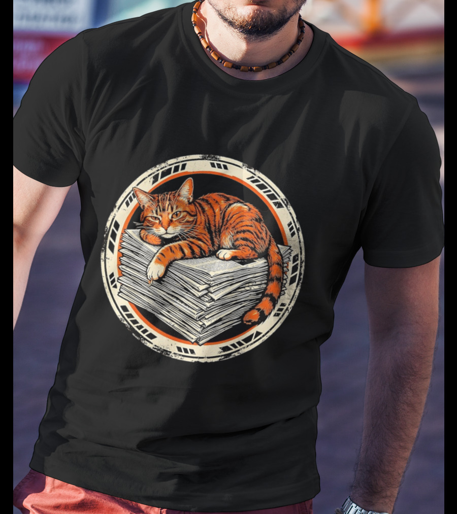 Orange Cat Relaxing On Stack Of Newspapers In Circle T-Shirt