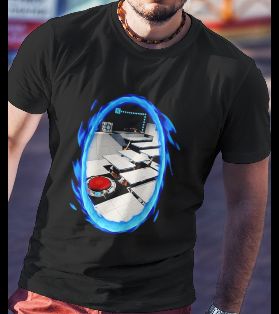 Portal Weighted Companion Cube Aperture Science Test Chamber Blue Portal Steps T-Shirt