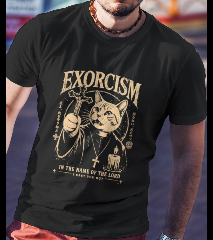 Exorcism Cat In The Name Of The Lord I Cast You Out Cross Candle T-Shirt