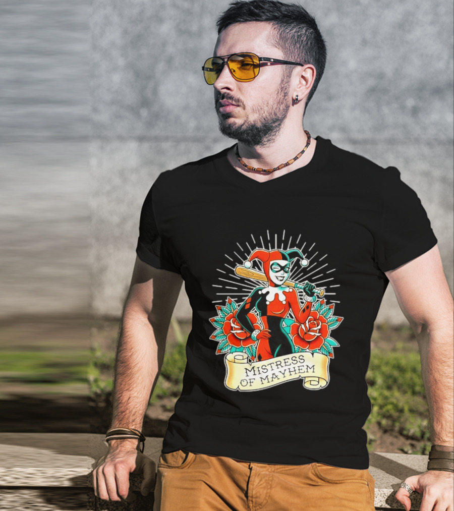 Harley Quinn DC Comics Mistress Of Mayhem Roses And Bat T-Shirt