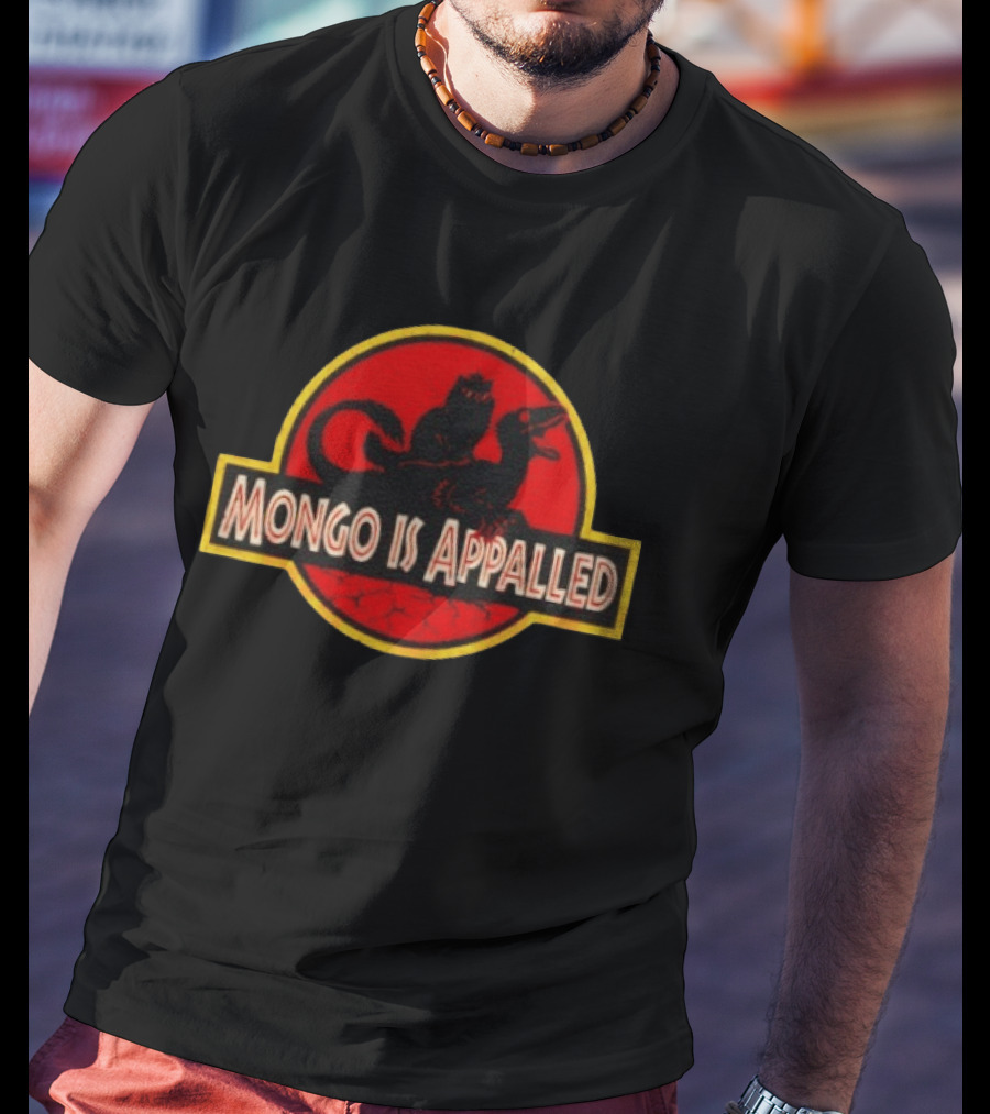 Mongo Is Appalled Cat Riding Raptor Dinosaur Circle T-Shirt