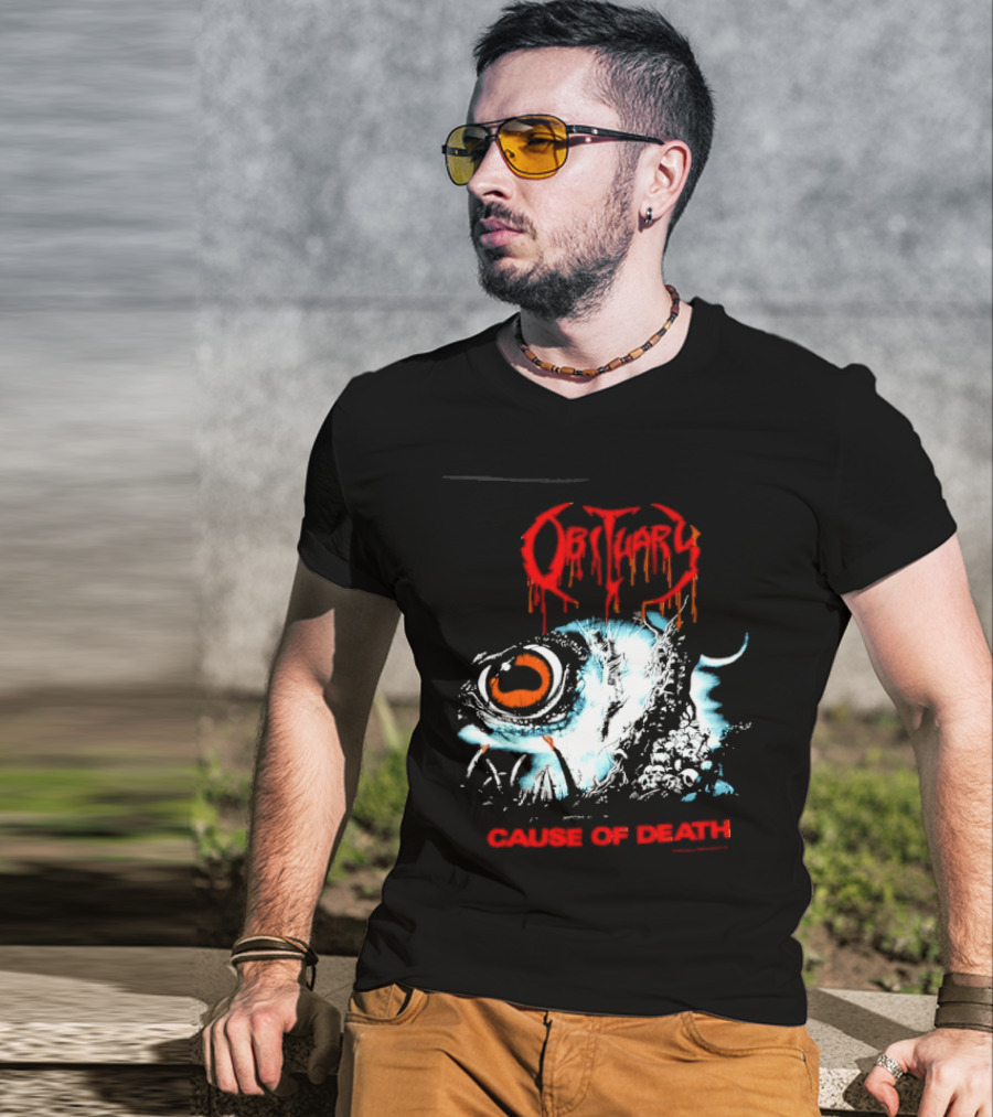 Obituary Cause Of Death Eye Metal Band With Orange Red T-Shirt