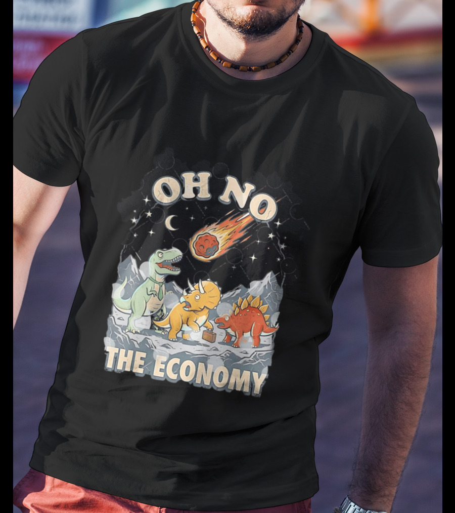 Oh No The Economy Dinosaurs Meteor Cartoon Funny Design Dinosaur Comic T-Shirt