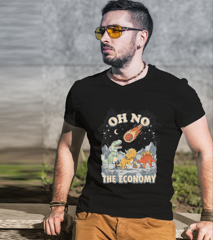 Oh No The Economy Dinosaurs Meteor Cartoon Funny Design Dinosaur Comic T-Shirt