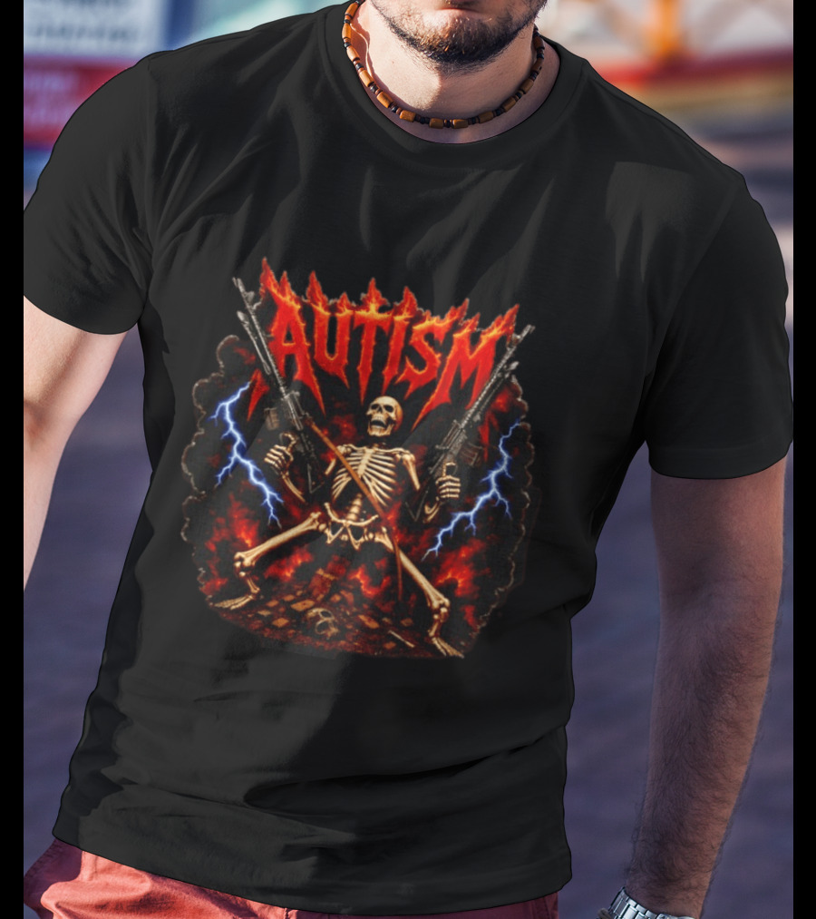 Autism Skeleton With Rifles Heavy Metal Lightning Flames T-Shirt