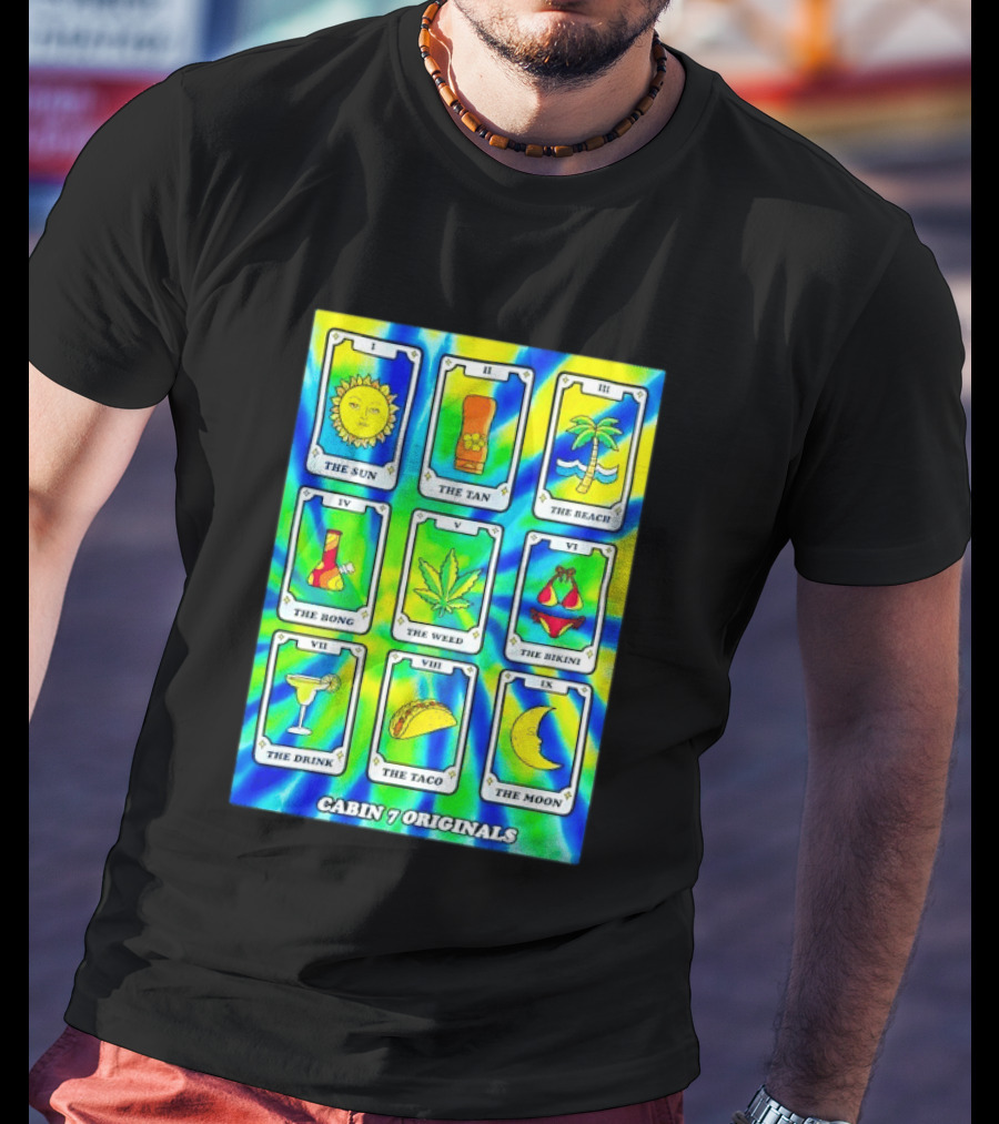 Cabin 7 Originals Tarot Cards Sun Tan Beach Bong Weed Bikini Drink Taco Moon T-Shirt