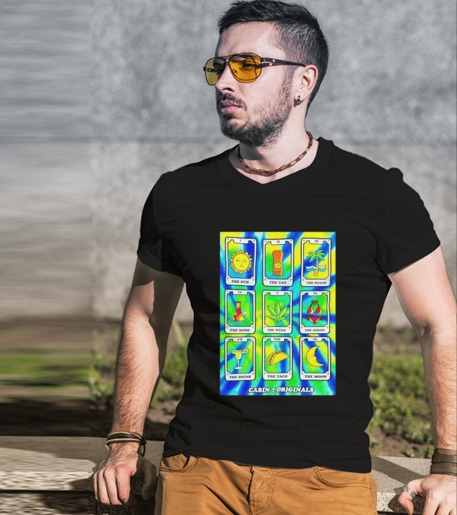 Cabin 7 Originals Tarot Cards Sun Tan Beach Bong Weed Bikini Drink Taco Moon T-Shirt