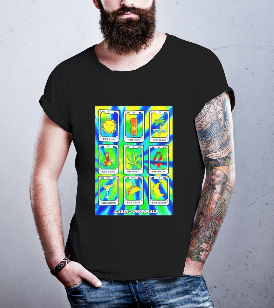 Cabin 7 Originals Tarot Cards Sun Tan Beach Bong Weed Bikini Drink Taco Moon T-Shirt