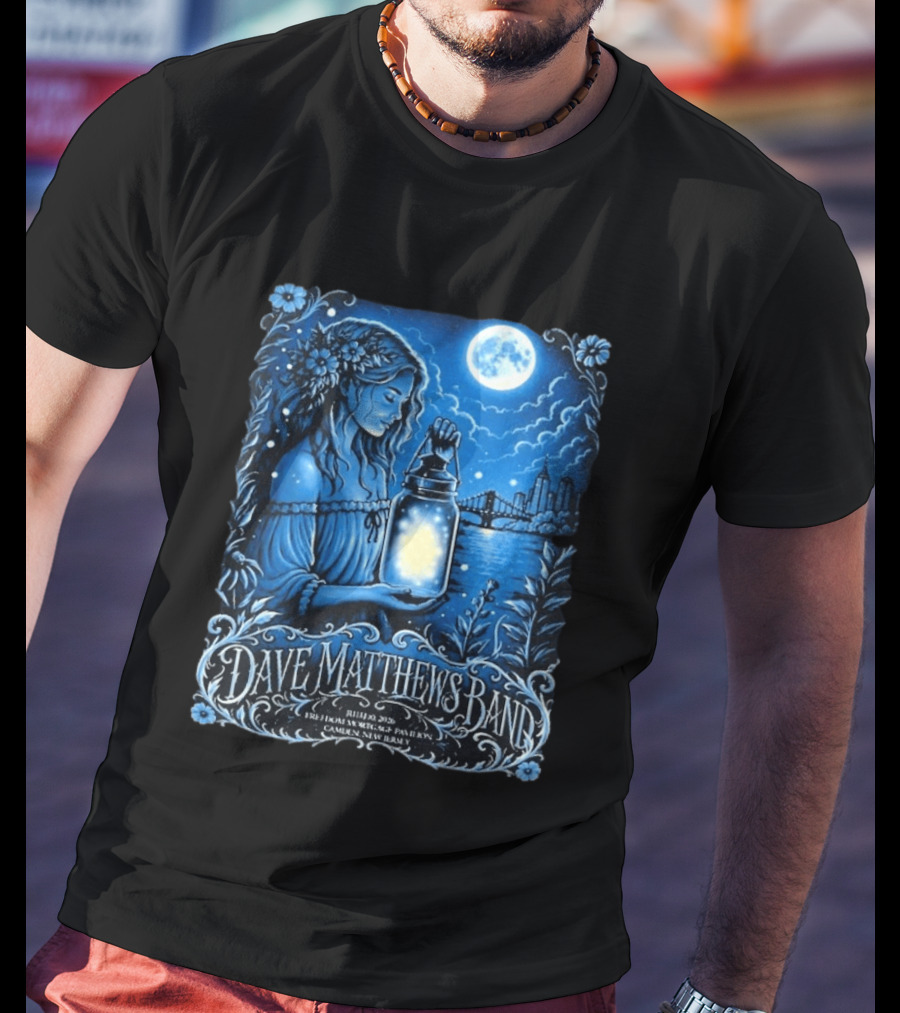 Dave Matthews Band July 10 2026 Freedom Mortgage Pavilion Camden New Jersey Moonlit Lantern And City Skyline T-Shirt