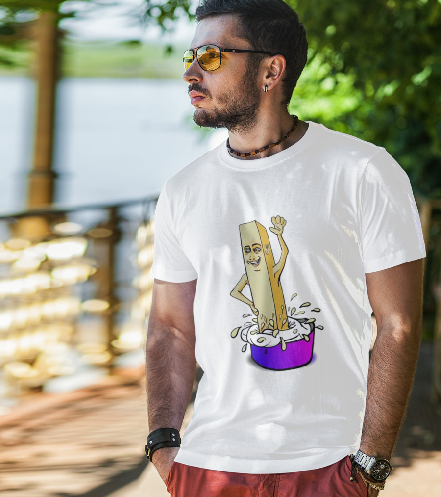 Belgian French Fry Cartoon Character Waving In Sauce Bowl T-Shirt