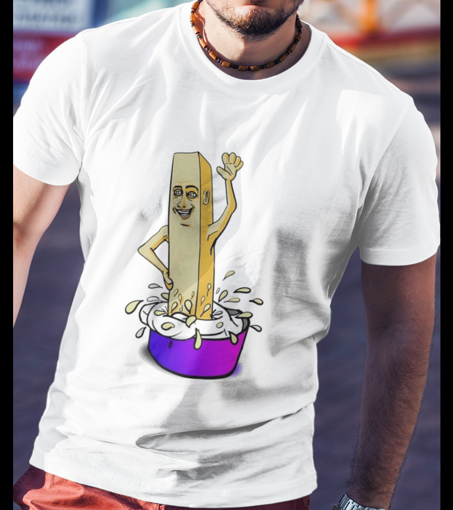 Belgian French Fry Cartoon Character Waving In Sauce Bowl T-Shirt
