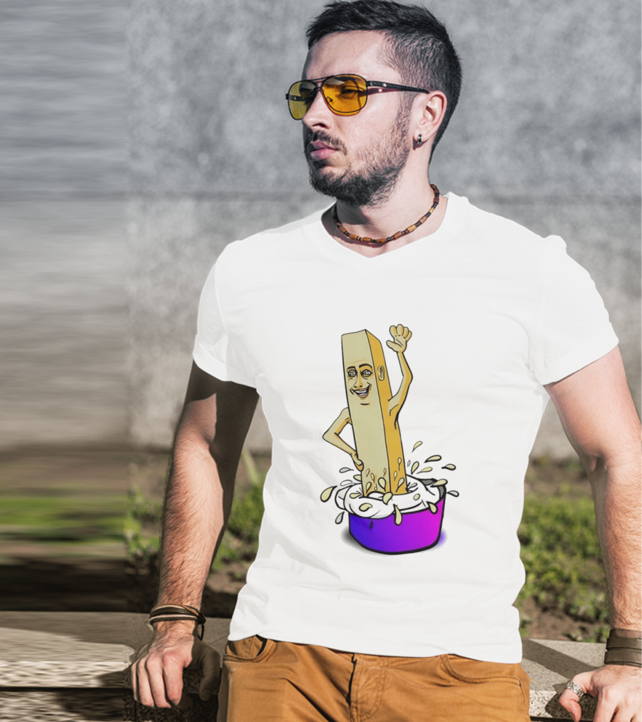 Belgian French Fry Cartoon Character Waving In Sauce Bowl T-Shirt