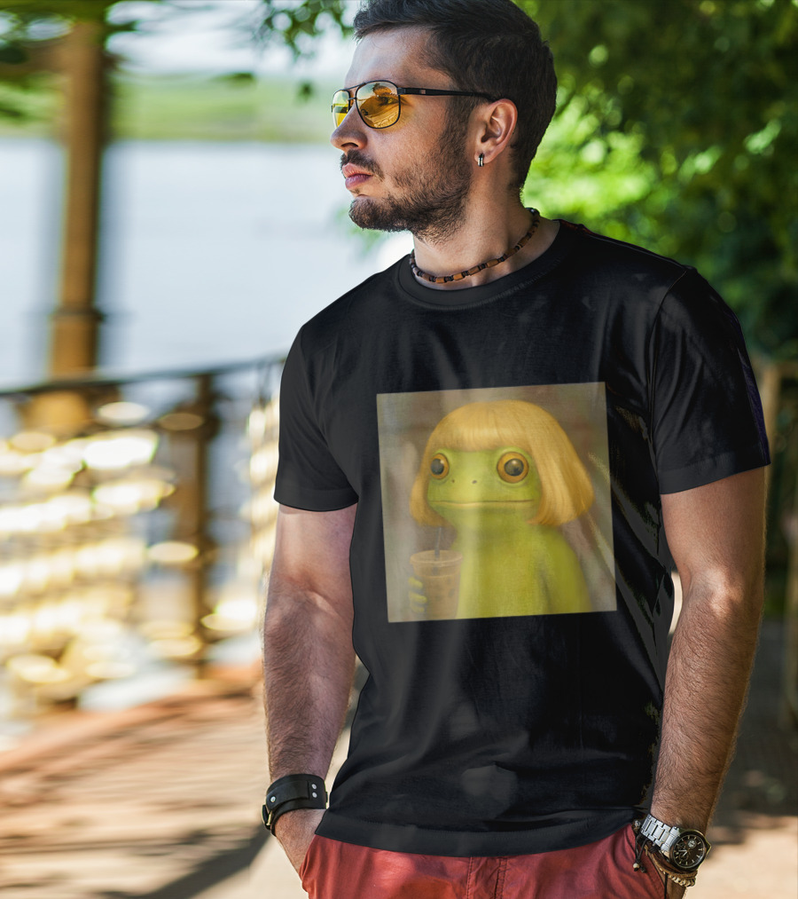 Blonde Wig Frog Holding Iced Coffee T-Shirt