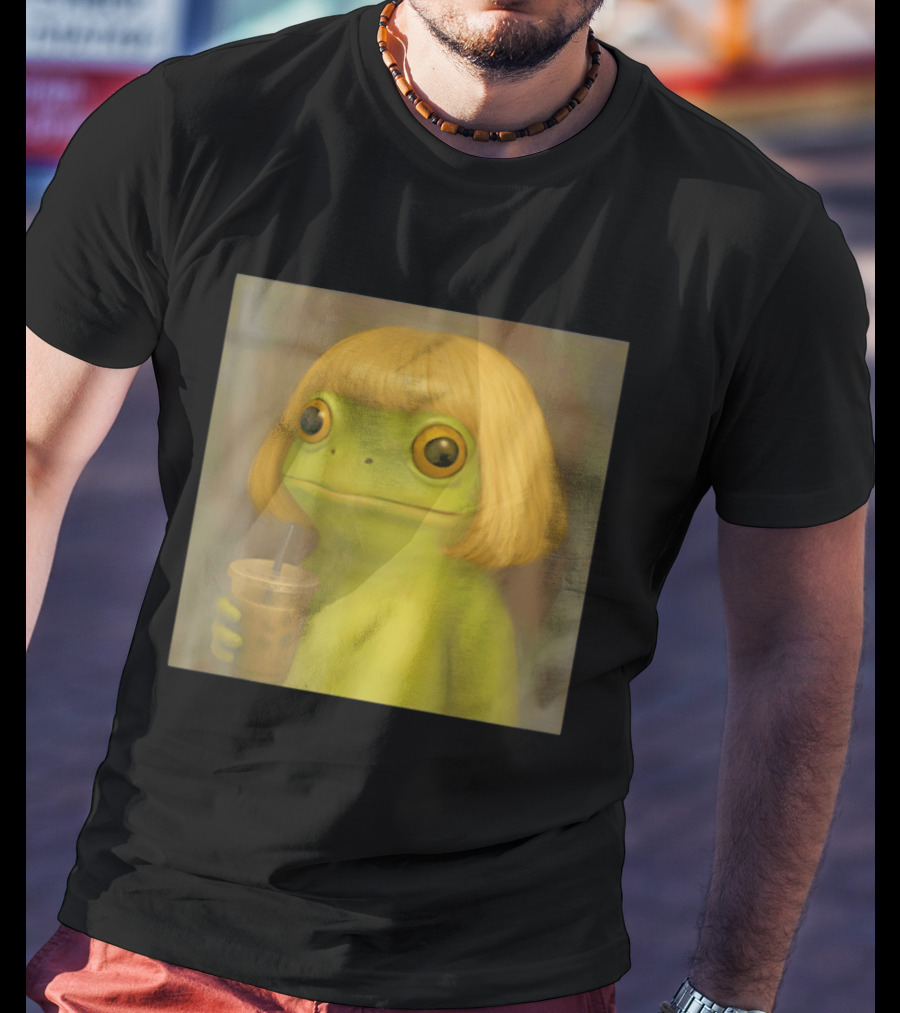 Blonde Wig Frog Holding Iced Coffee T-Shirt