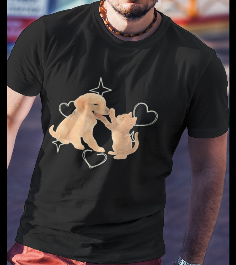 Golden Retriever Puppy And Tabby Kitten Playing With Stars And Hearts T-Shirt